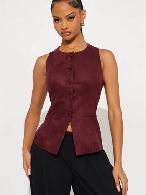 Fashion Nova Burgundy Sleeveless Faux Suede Vest